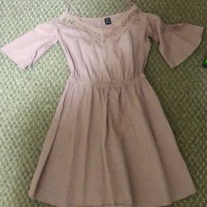 Open shoulder pink/peach mini dress